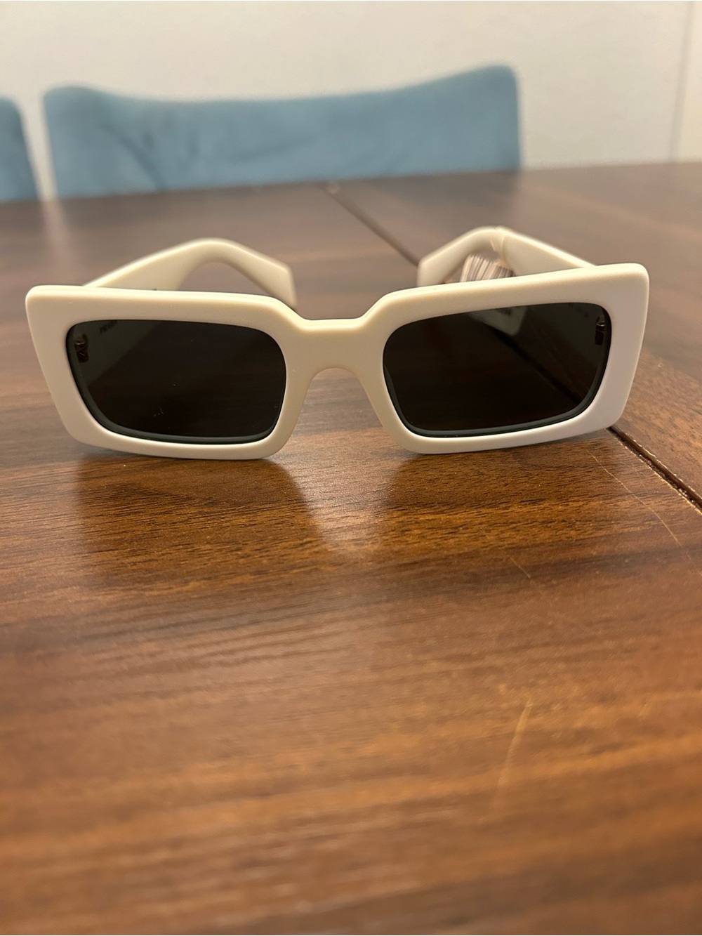 Prada White Rectangular Chunky Sunglasses with Black Lenses